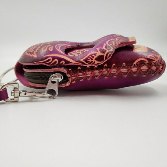Sugar Skull Leather Wristlet Small Purple Coin Purse Keychain Calavera Wallet - Picture 7 of 16